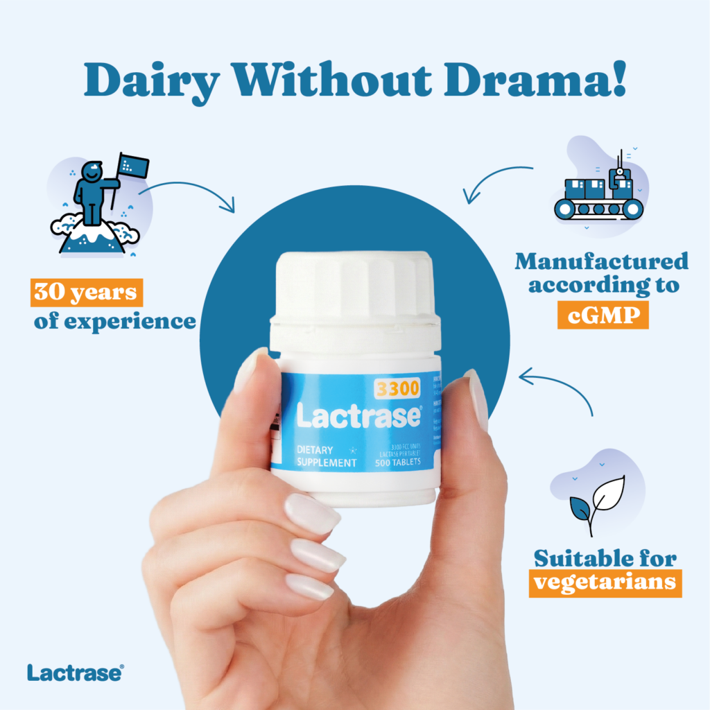 Promotional graphic: hand holding a Lactrase dispenser, enjoying dairy
