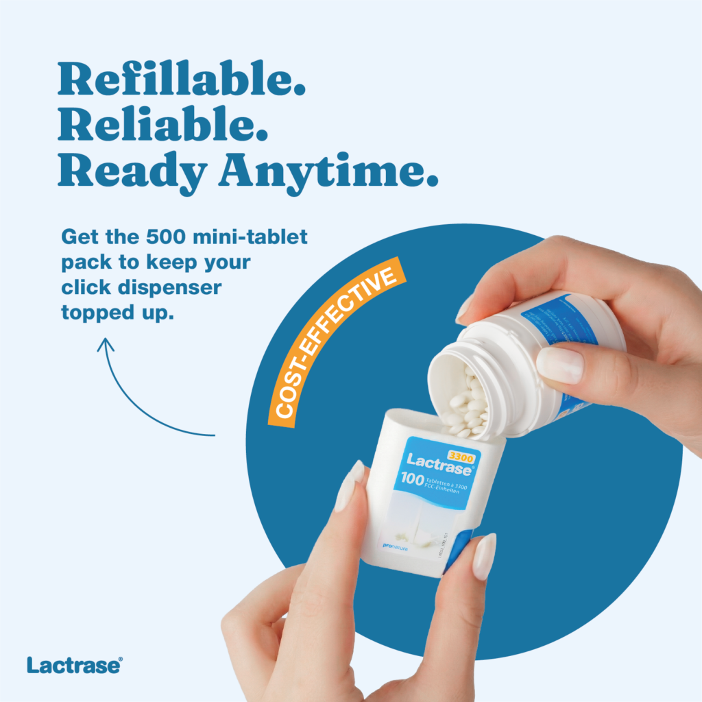 Promotional graphic for the refillable Lactrase dispenser