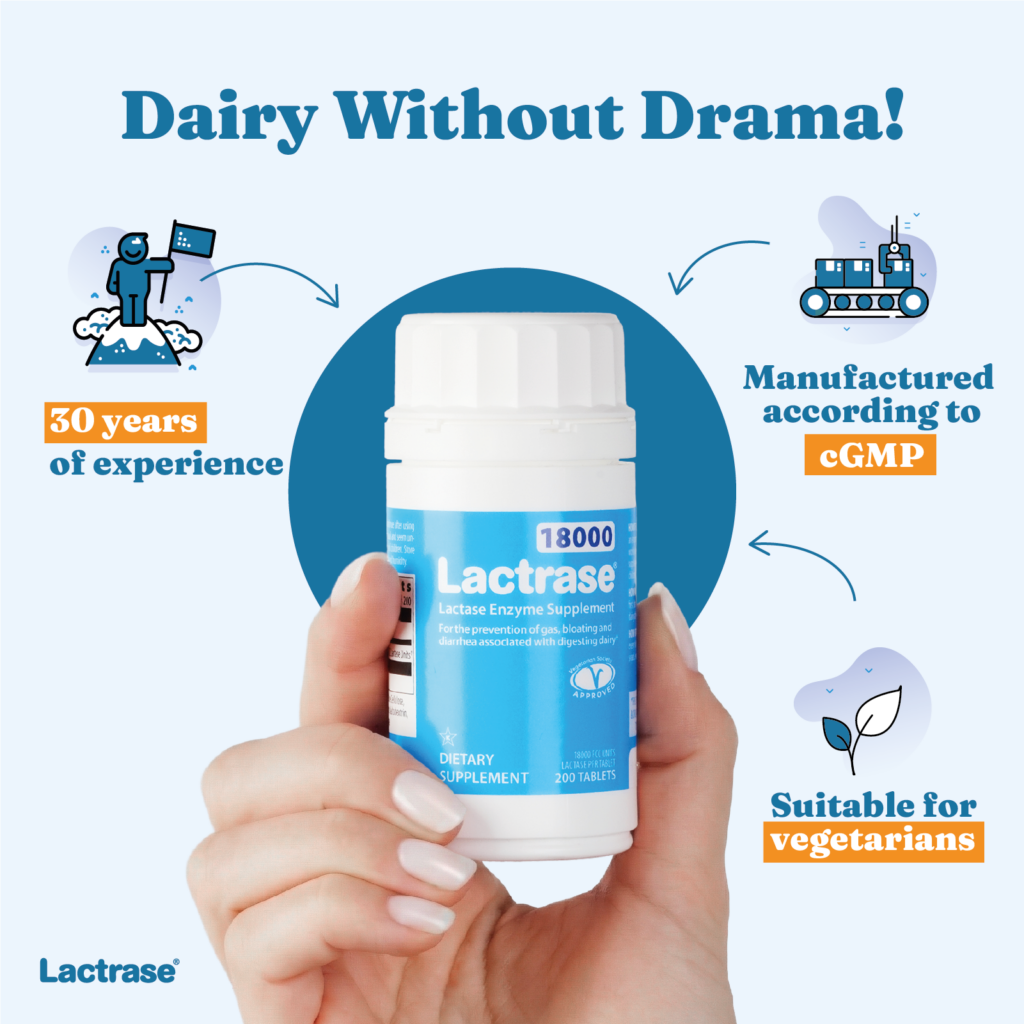 Promotional graphic: hand holding a Lactrase dispenser, enjoying dairy