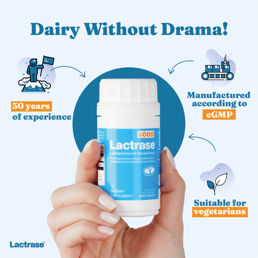 Promotional graphic: hand holding a Lactrase dispenser, enjoying dairy