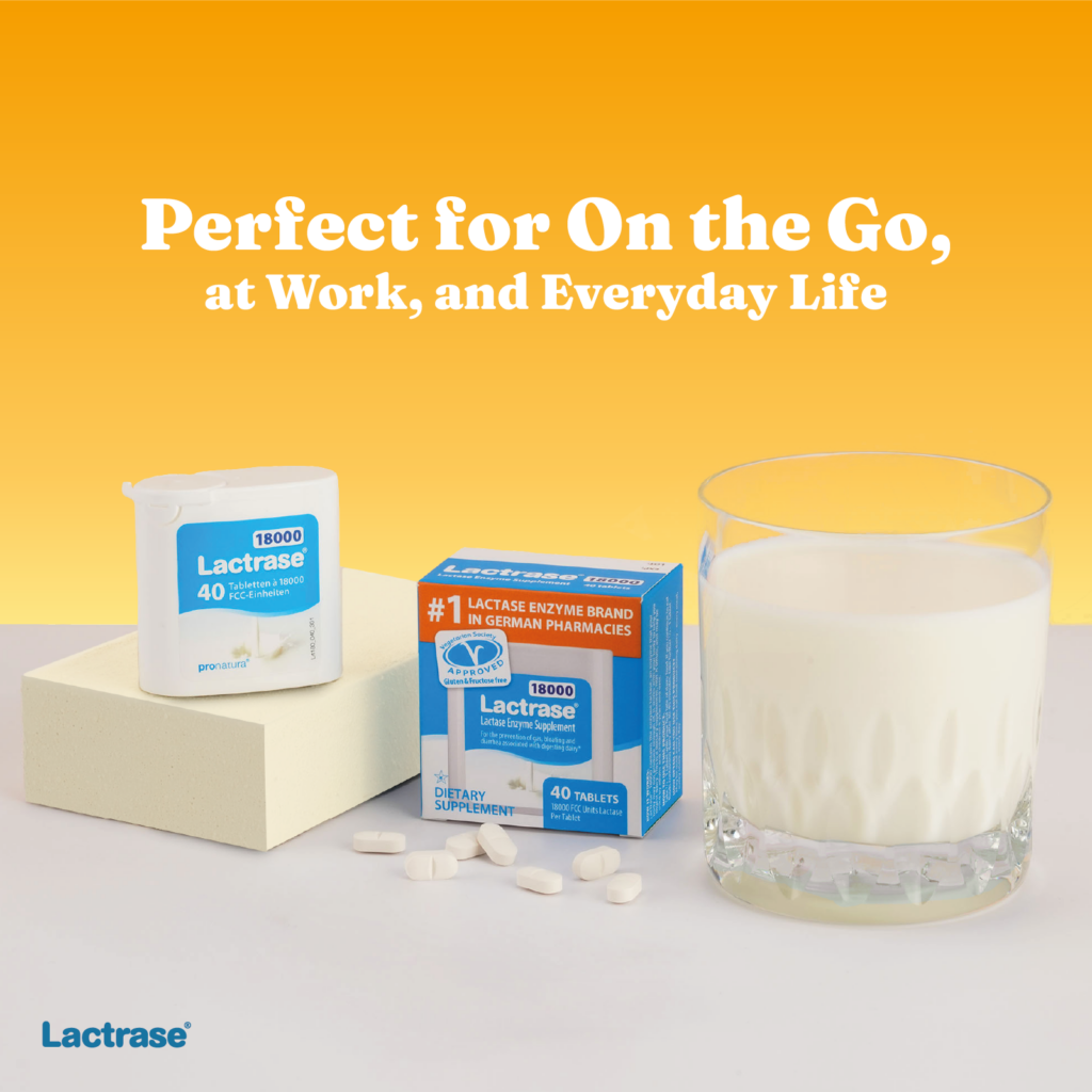Promotional graphic: Lactrase dispenser for travel, work and everyday life