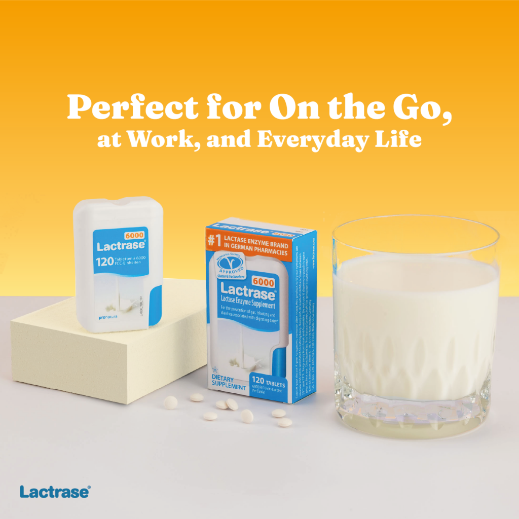 Promotional graphic: Lactrase dispenser for travel, work and everyday life