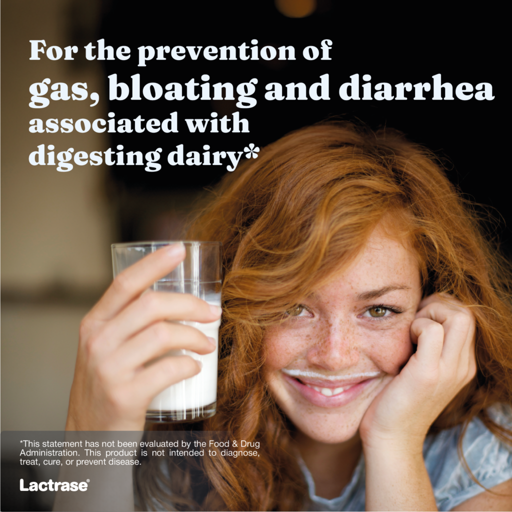 Promotional graphic: smiling woman, note on preventing digestive discomfort