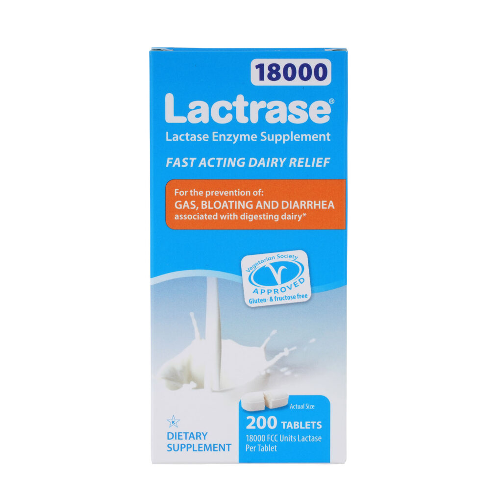 Lactrase® 18000 packaging, lactase enzyme supplement
