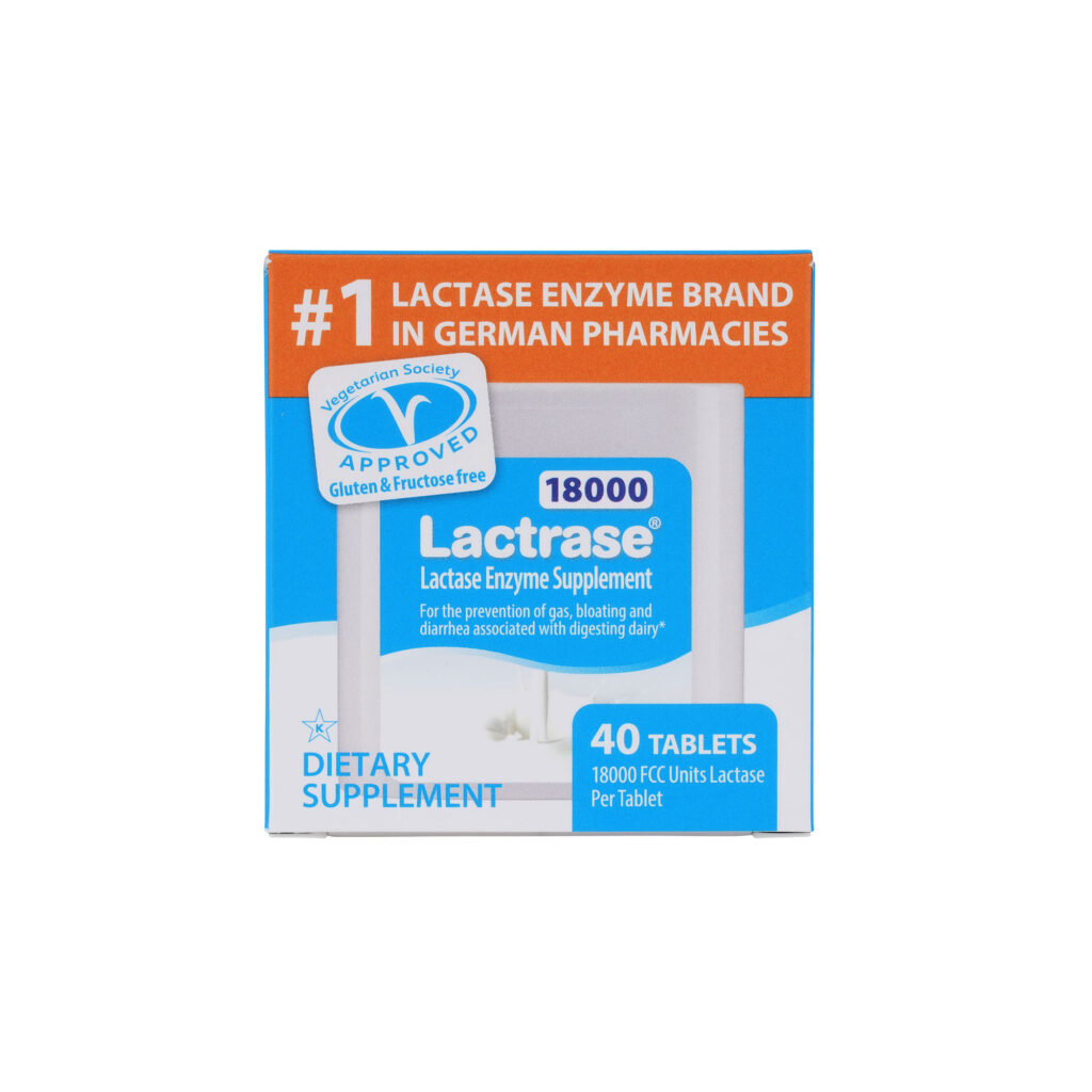 Lactrase® 18000 packaging, lactase enzyme supplement