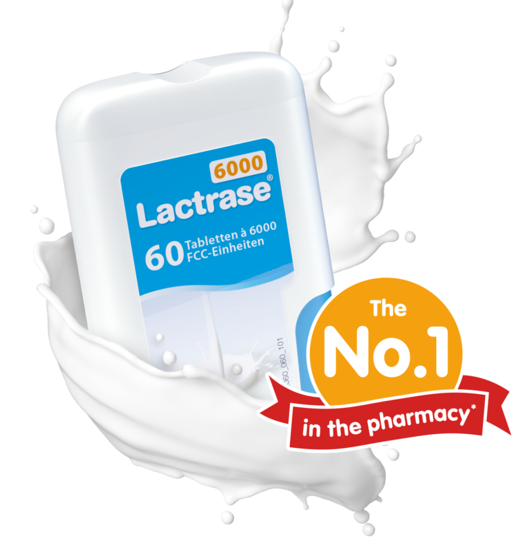 Lactrase® 6000 dispenser in front of splashing milk, No. 1 product highlight