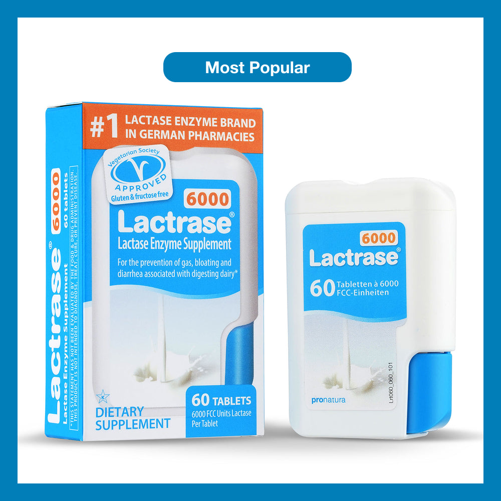 Most popular Lactrase 6000 lactase enzyme supplement in a click dispenser, the No. 1 brand in German pharmacies